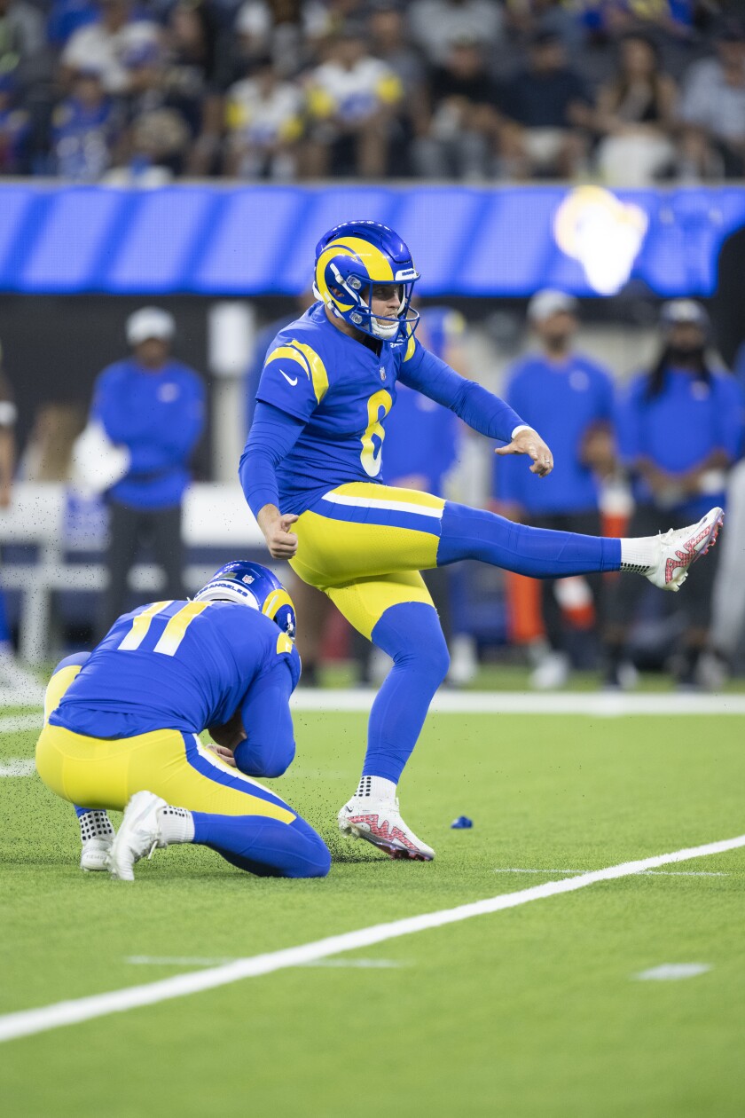Rams kicker Matt Gay attempts a field goal during a preseason game against the Texans at SoFi Stadium.