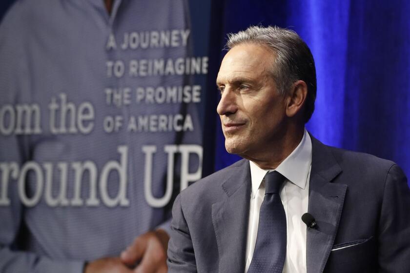 Former Starbucks CEO and Chairman Howard Schultz looks out at the audience during the kickoff event of his book promotion tour Monday, Jan. 28, 2019, in New York. Democrats across the political spectrum lashed out at the billionaire businessman on Monday after he teased the prospect of an independent 2020 bid, a move Democrats fear would split their vote and all but ensure President Donald Trump's re-election. (AP Photo/Kathy Willens)