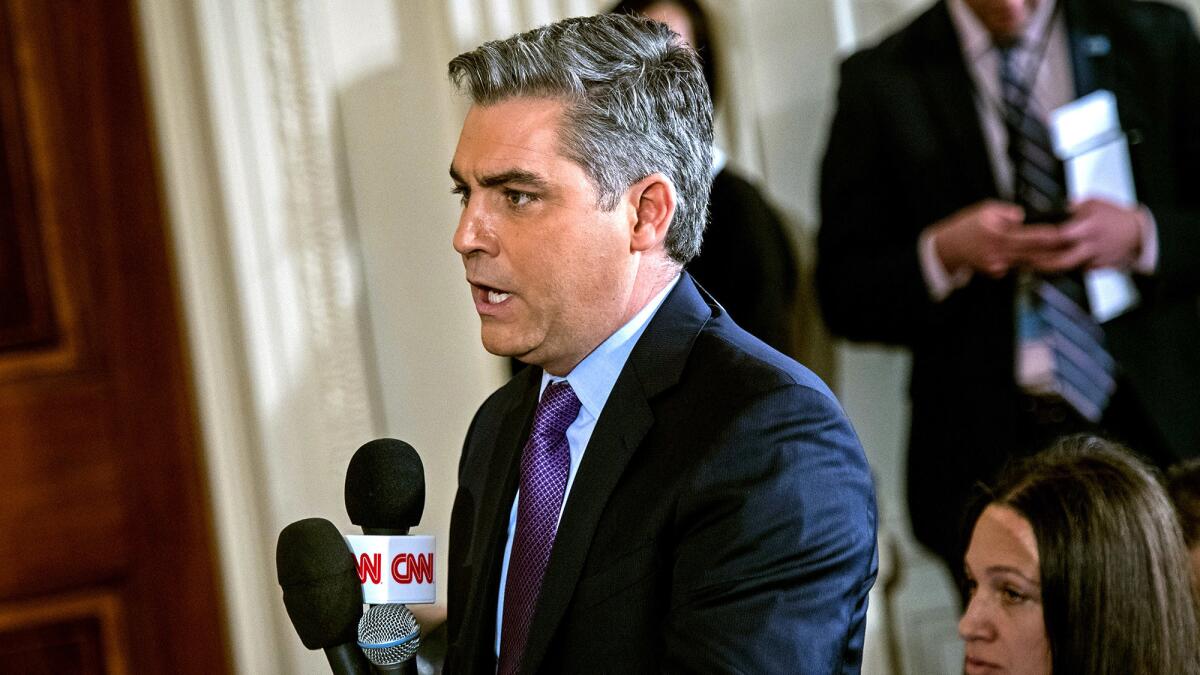 Jim Acosta of CNN asks President Donald Trump a question during a press conference in the East Room of the White House on Thurs., Feb. 16, 2017. (Jabin Botsford / The Washington Post / Getty Images)