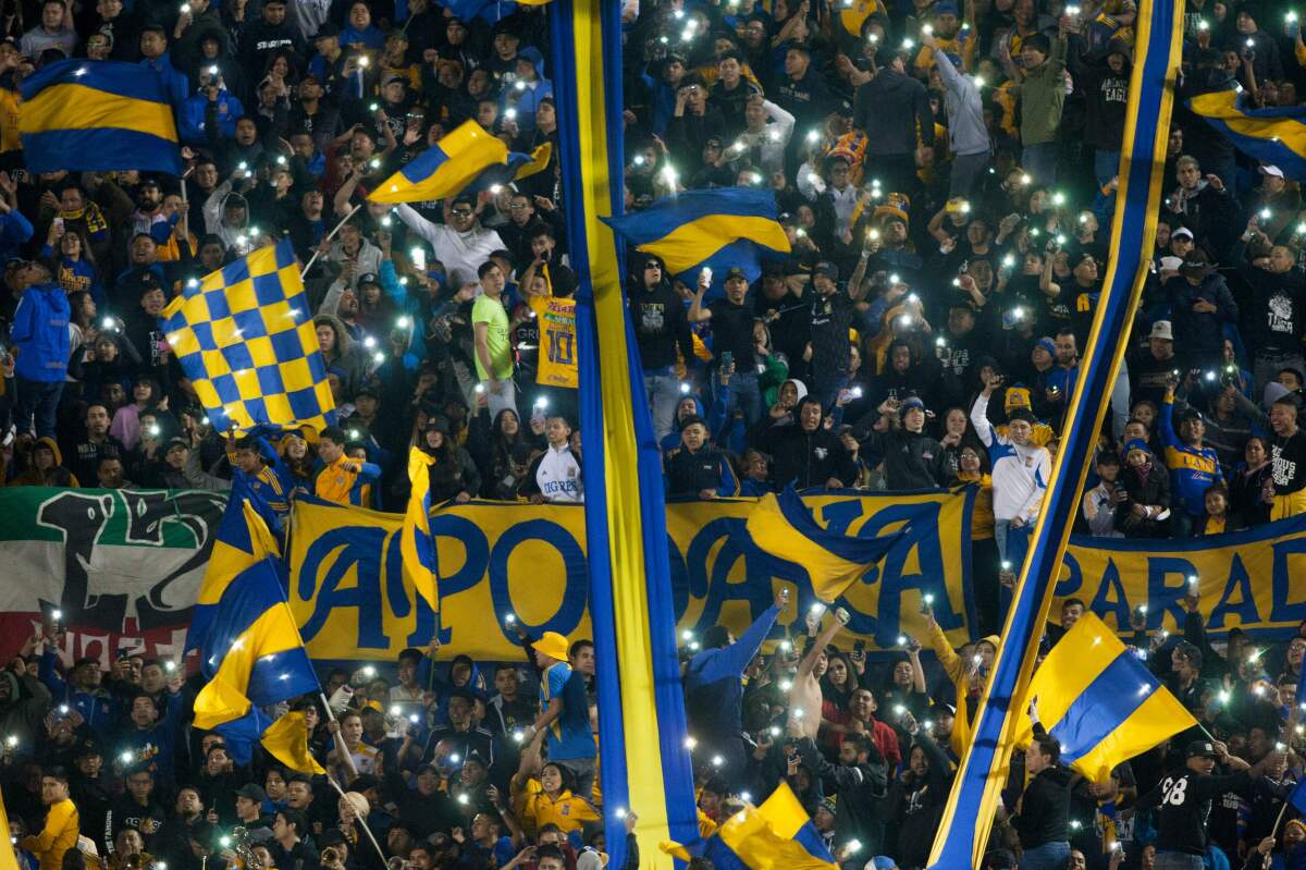 Mexicans Tigres supporters cheer for their team during a CONCACAF Champions League football match against El Salvador's Alianza at the Universitario stadium in Monterrey, Mexico, on February 26, 2020. (Photo by Julio Cesar AGUILAR / AFP) (Photo by JULIO CESAR AGUILAR/AFP via Getty Images) ** OUTS - ELSENT, FPG, CM - OUTS * NM, PH, VA if sourced by CT, LA or MoD **