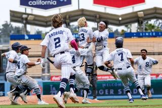Sylmar players launch celebration after Victor Carrera's RBI single with the bases loaded in the bottom the seventh 