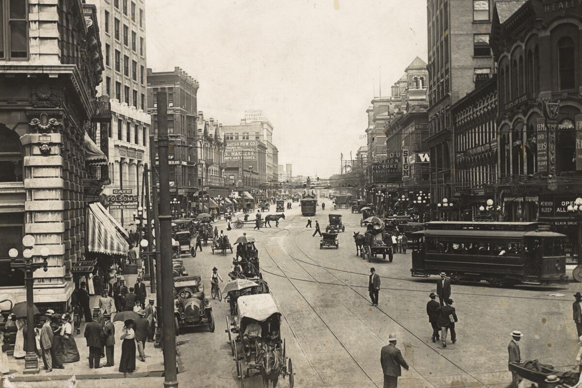 This photo courtesy of Kenan Research Center at the Atlanta History Center shows a view of Marietta Street, looking west from the Five Points area in downtown Atlanta in 1906. Few have been taught about the 1906 Atlanta Race Massacre, the white-on-Black violence in Atlanta that shattered dreams of racial harmony and forced thousands from their homes. (Courtesy of Kenan Research Center at the Atlanta History Center via AP)