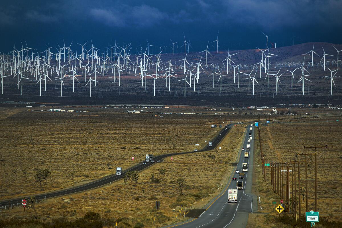 A view of wind turbines from Highway 58 near Mojave, California.