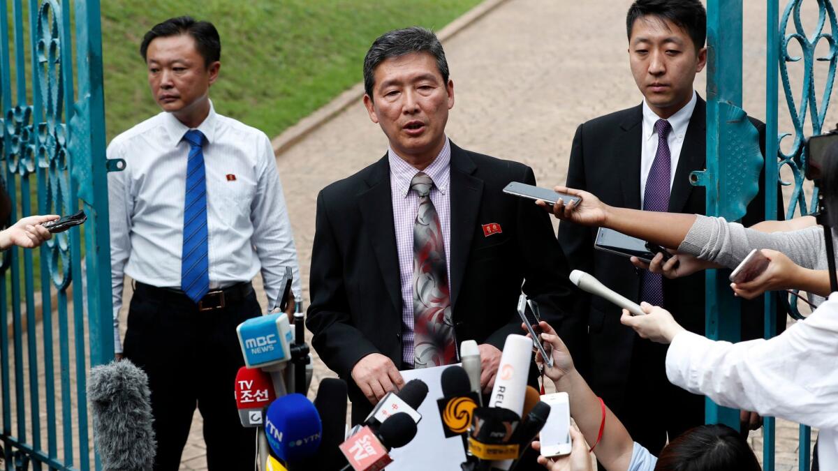 North Korean diplomat Ri Tong Il speaks to journalists outside his country's embassy in Kuala Lumpur, Malaysia, on March 2.