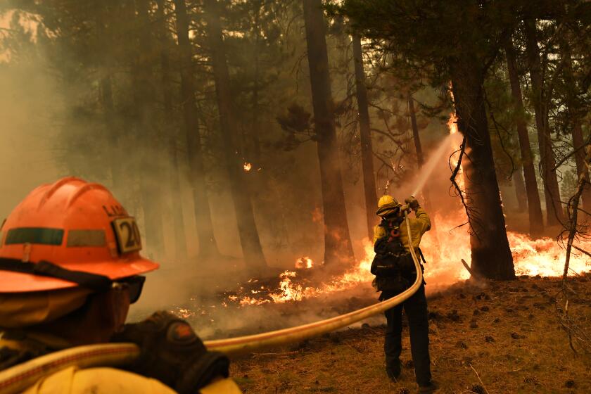 Lake Tahoe, CA. August 31, 2021: L.A. County firefighter Kevin Reid, right, and captain Donald Bailey battle the Caldor Fire off Highway 89 west of Lake Tahoe Tuesday.(Wally Skalij/Los Angeles Times)
