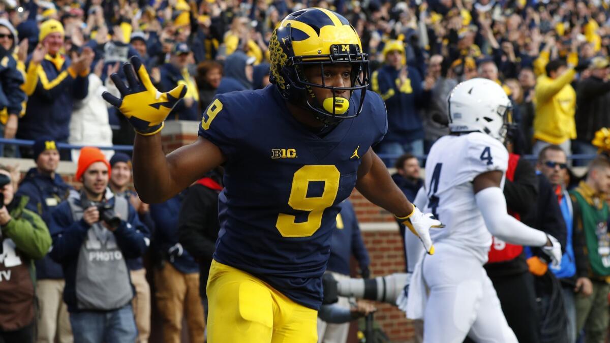 Michigan wide receiver Donovan Peoples-Jones celebrates his 23-yard touchdown reception against Penn State in the first half on Saturday.