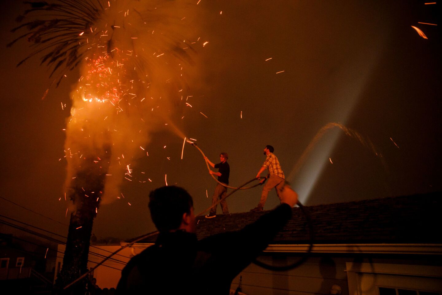 Strangers band together to help put out a palm tree on fire and stop it from burning homes.