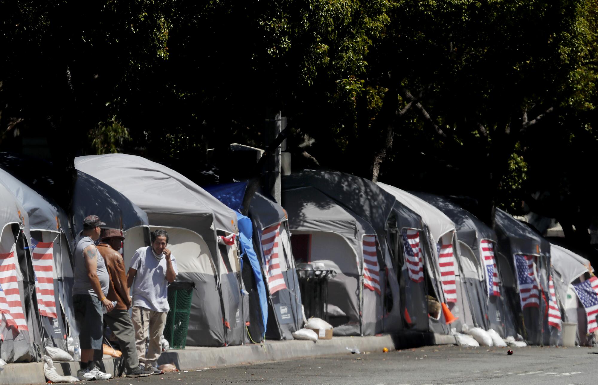 American flags decorate tents at an encampment of homeless veterans in Brentwood.