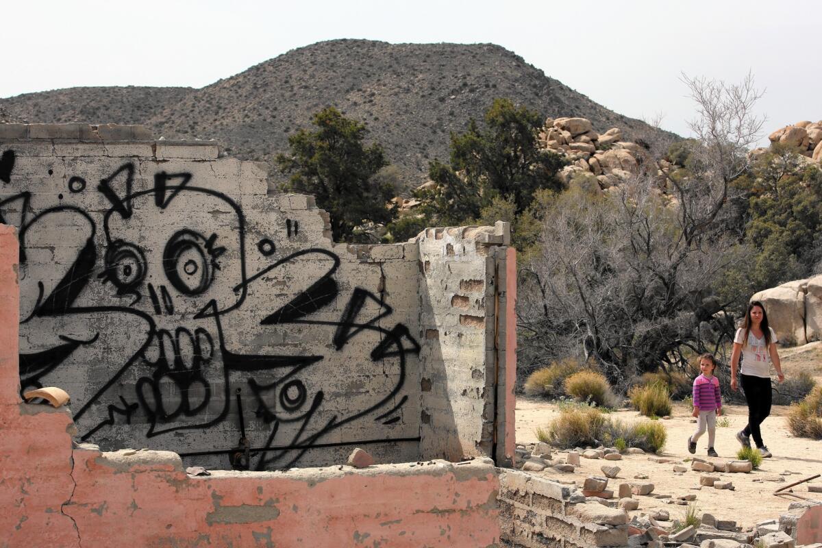 Rebecca Swartz and her 5-year-old-daughter Lilly walk past the defaced remains of pink house in Joshua Tree National Park.