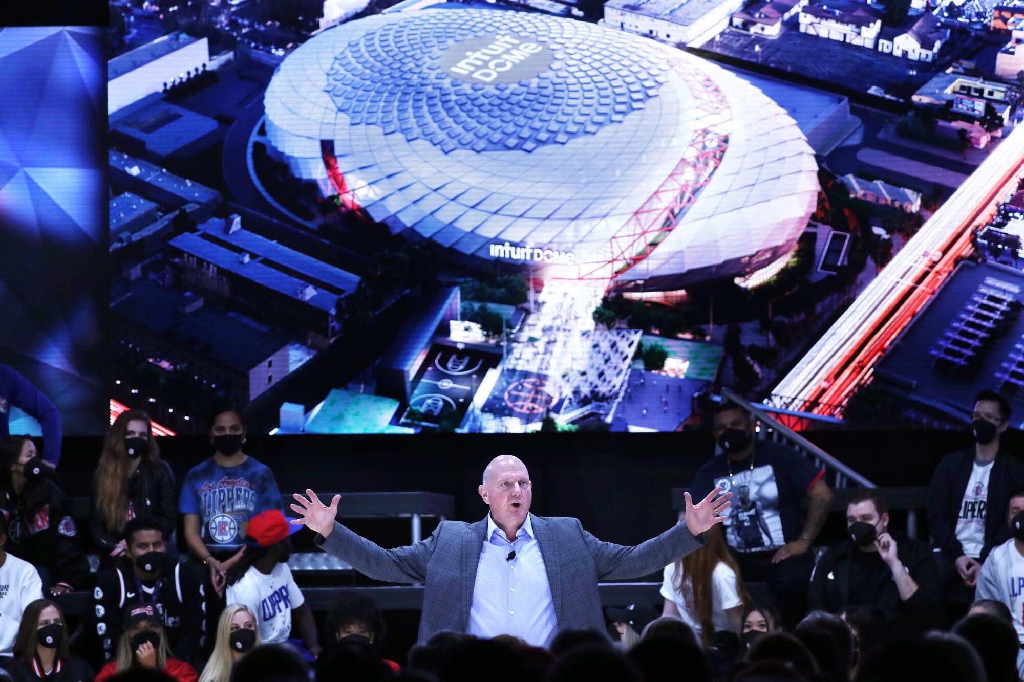 Clippers owner Steve Ballmer takes the stage during a groundbreaking ceremony.