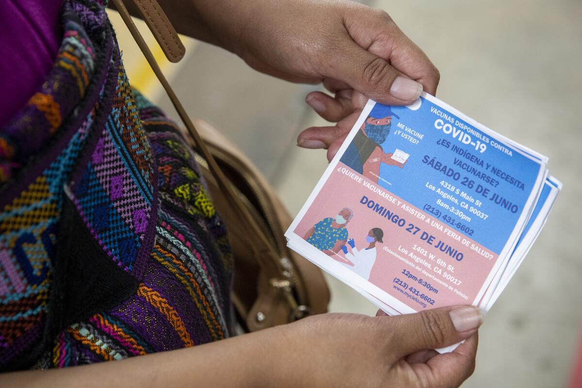 Closeup of a woman's hands holding fliers with vaccine information in other languages