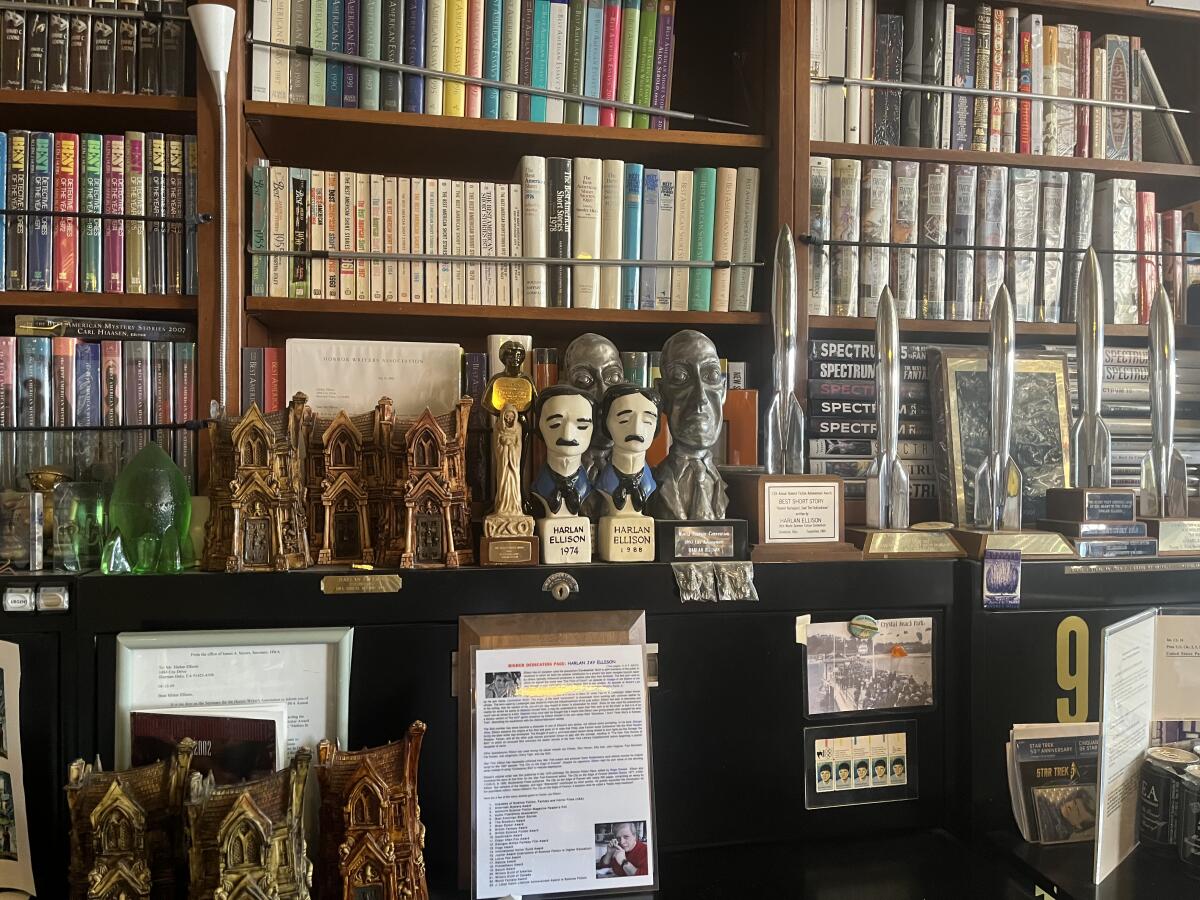 Harlan Ellison's collection of books and awards.