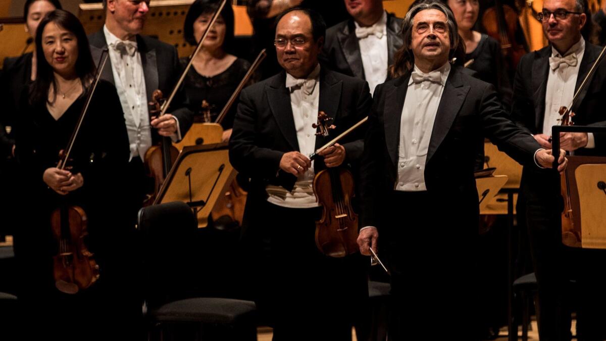 Riccardo Muti takes a bow after conducting the Chicago Symphony in Schubert's "Unfinished" Symphony at Renee and Henry Segerstrom Concert Hall on Monday night.