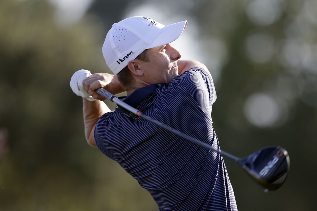 Carlos Ortiz tees off on the 10th hole during the second round of the Houston Open golf tournament Friday, Nov, 6, 2020, in Houston. (AP Photo/Michael Wyke)