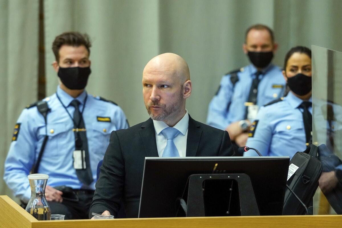 Anders Behring Breivik at his parole hearing 