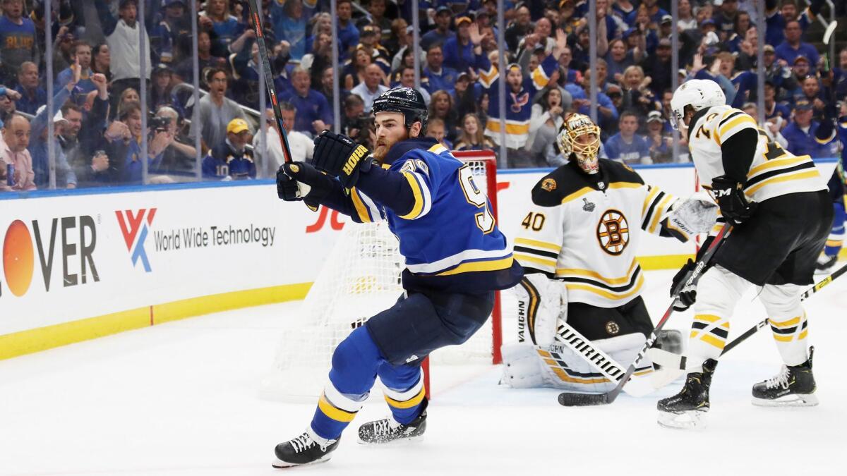 St. Louis Blues' Ryan O'Reilly (90) celebrates his third period goal against the Boston Bruins in Game 4 of the Stanley Cup Final on June 3 in St Louis, Mo. The Blues won 4-2.