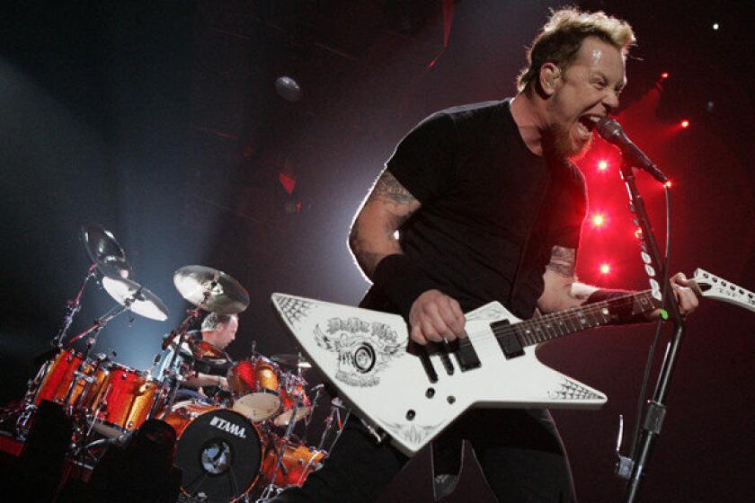 Guitarist James Hetfield and drummer Lars Ulrich of Metallica.
