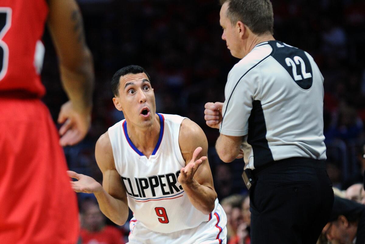 Clippers guard Pablo Prigioni argues with a referee after being called for a foul against the Trail Blazers in Game 5 of their playoff series on April 27.