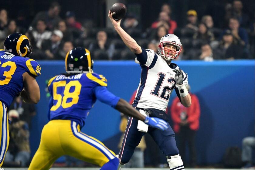 ATLANTA, GEORGIA FEBRUARY 3,2019-Patriots quarterback Tom Brady throws a pass against the Rams in the 3rd quarter in Super Bowl LIII at Mercedes Benz Satdium in Atlanta Sunday.(Wally Skalij/Los Angeles Times)