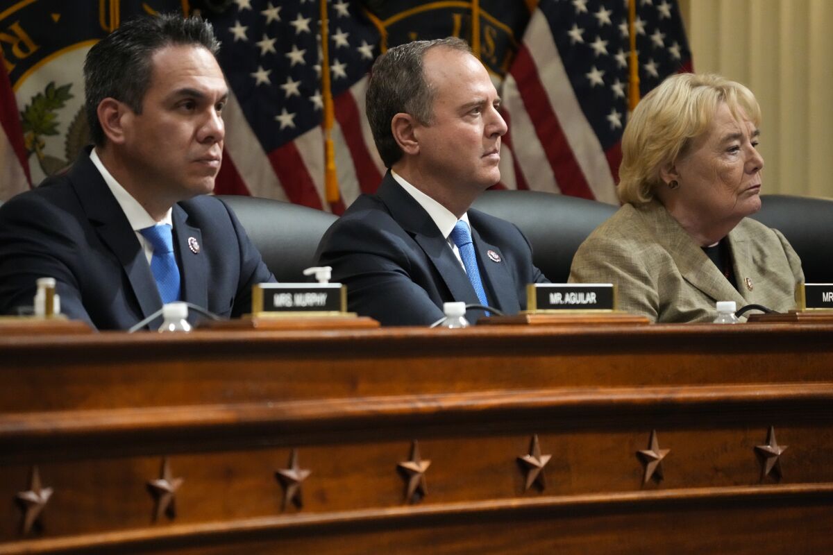 Rep. Pete Aguilar (D-Redlands), left, Rep. Adam B. Schiff (D-Burbank) and Rep. Zoe Lofgren (D-San Jose).