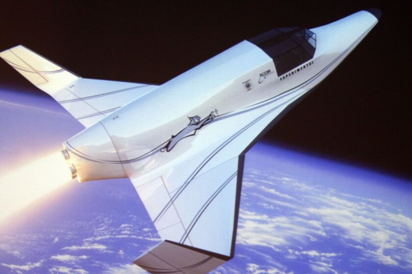Reproduction of a virtual video of XCOR Aerospace's Lynx who was unveiled in Beverly Hills, California, on March 26, 2008. The Lynx, a suborbital winged vehicle which will carry a pilot and a passenger to the edge of space and return about 25 minutes later, landing like an airplane. The first flight will take place in the FAA-licensed Mojave Air and Space port in California in 2010. AFP PHOTO / GABRIEL BOUYS (Photo credit should read GABRIEL BOUYS/AFP/Getty Images) ORG XMIT: