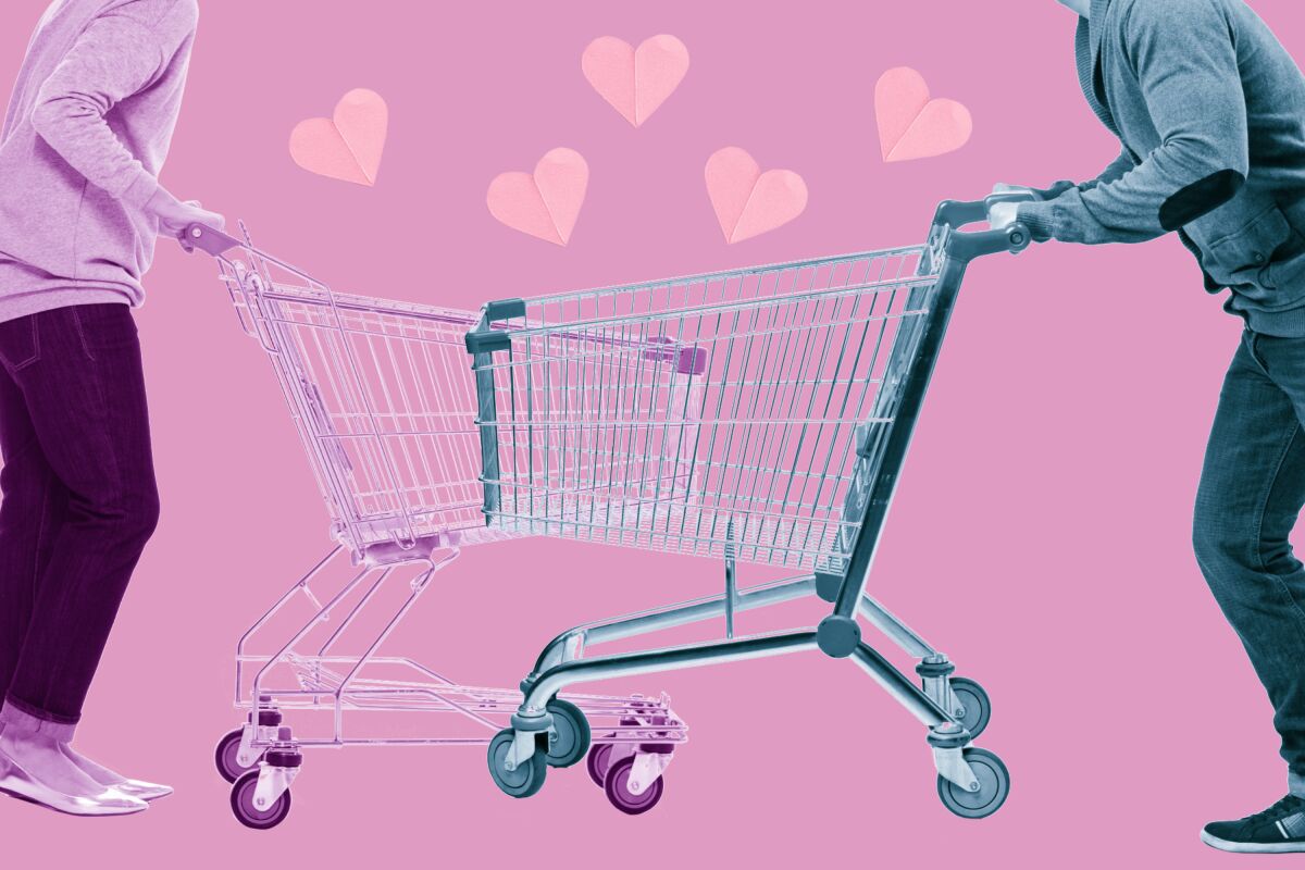 An illustration of two people's shopping carts bumping into each other, with floating hearts. 