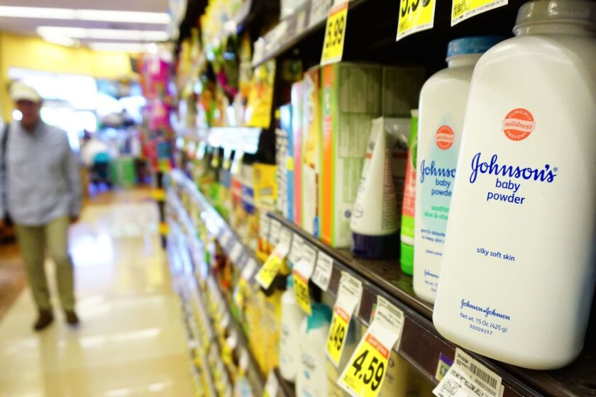 Johnson's baby powder remains stocked at a supermarket shelf on August 22, 2017 in Alhambra, California, where a Los Angeles jury on August 21 ordered Johnson & Johnson to pay a record $417 million to a woman in hospital who sued the company. A California jury on August 21, 2017 ordered drugmaker Johnson & Johnson to pay 417 million dollars to a woman who claimed she developed terminal ovarian cancer after using the company's talc-based products.The case was one of thousands of lawsuits brought nationwide alleging the company failed to warn consumers of the risk of cancer from talc in its products. / AFP PHOTO / FREDERIC J. BROWNFREDERIC J. BROWN/AFP/Getty Images ** OUTS - ELSENT, FPG, CM - OUTS * NM, PH, VA if sourced by CT, LA or MoD **