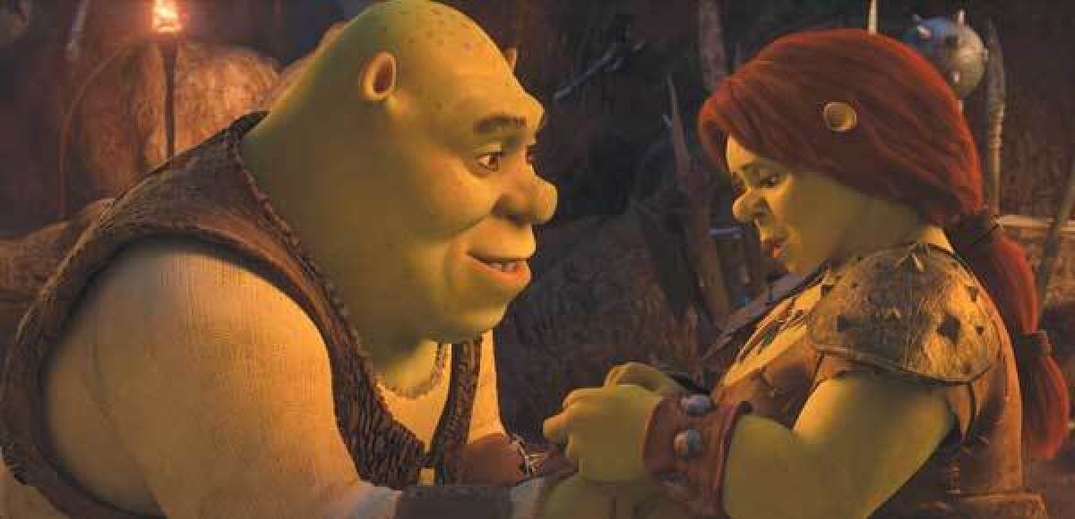 Animated ogres Shrek and Fiona hold hands and talk in a scene from "Shrek Forever After"
