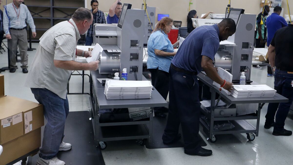 Elections staff load ballots into machine as recounting begins at the Broward County Supervisor of Elections Office on Sunday.