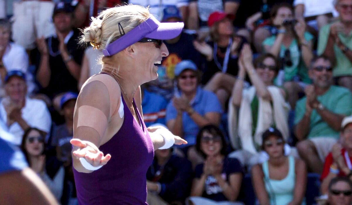 Mirjana Lucic-Baroni celebrates after defeating Simona Halep in the third round of the U.S. Open on Friday.