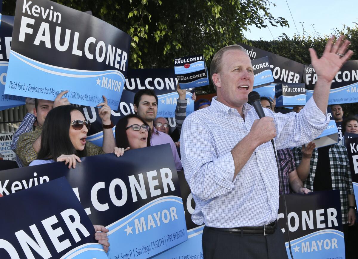 San Diego mayoral candidate Councilman Kevin Faulconer speaks to his supporters in the final hours before the polls closed Tuesday. From the start of counting, Faulconer held a sizable lead over rival Councilman David Alvarez.