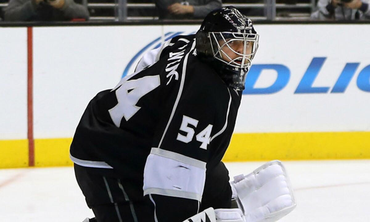 It might be a good thing that Kings goalie Ben Scrivens is forced to wear a mask most of the time.