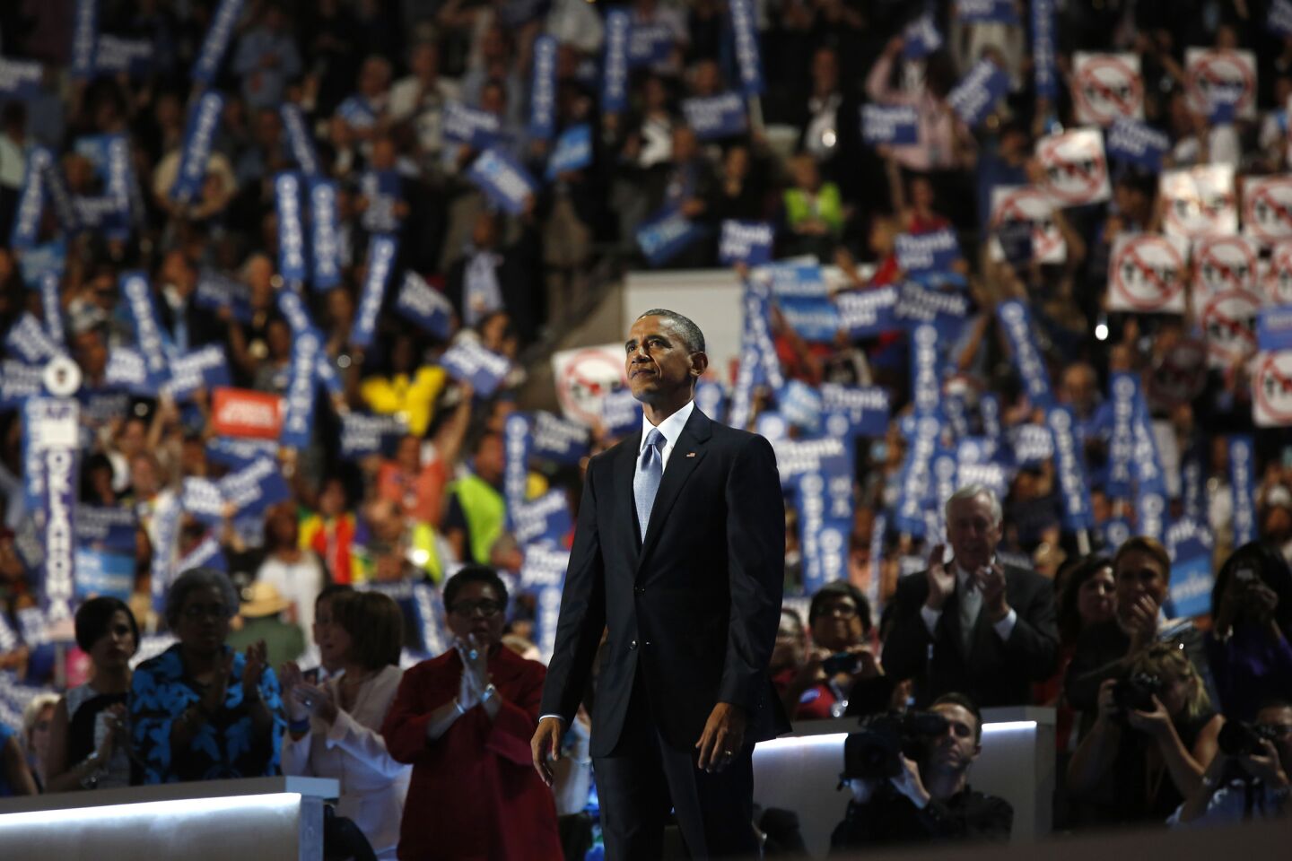 President Barak Obama is given a huge applause at the end of his speech on the third day of the Democratic National Convention.