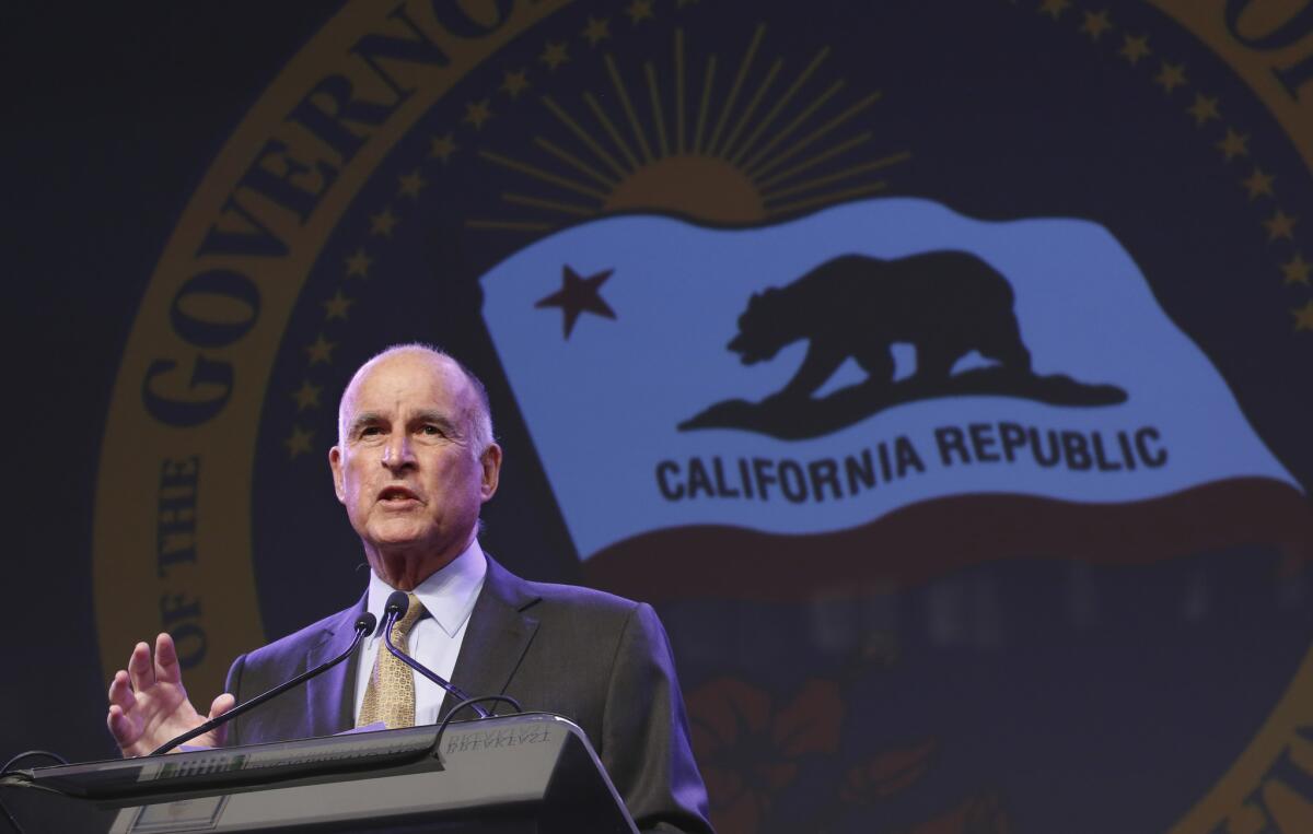 Jerry Brown speaks in Sacramento last week.