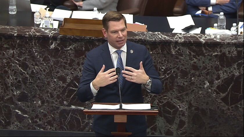 In this image from video, House impeachment manager Rep. Eric Swalwell, D-Calif., speaks during the second impeachment trial of former President Donald Trump in the Senate at the U.S. Capitol in Washington, Wednesday, Feb. 10, 2021. (Senate Television via AP)