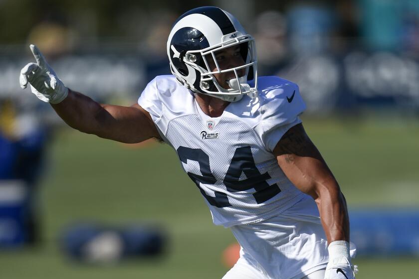 Los Angeles Rams safety Taylor Rapp during an NFL football training camp in Irvine, Calif. Monday, July 29, 2019. (AP Photo/Kelvin Kuo)