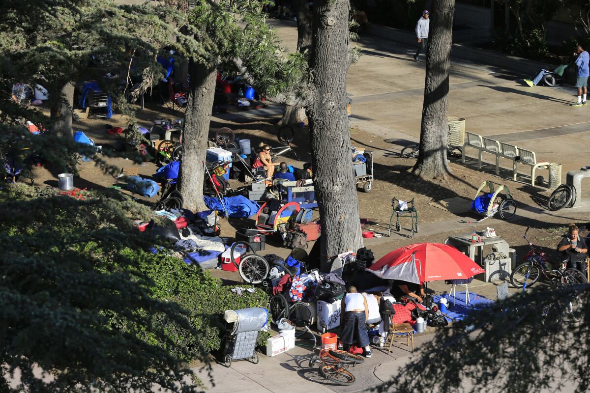 The homeless encampment at the Santa Ana Civic Center.