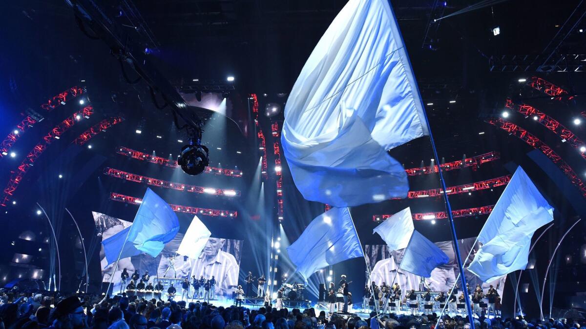 Residente performs “Hijos de Cañaveral" — dedicated to Puerto Rico — at the Latin Grammy Awards.