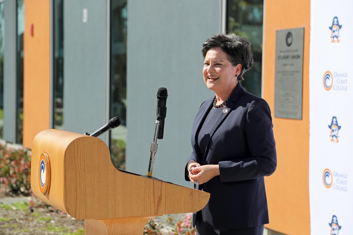 Dr. Angelica Suarez, Orange Coast College president, speaks during a ribbon-cutting dedication event for OCC's student union.