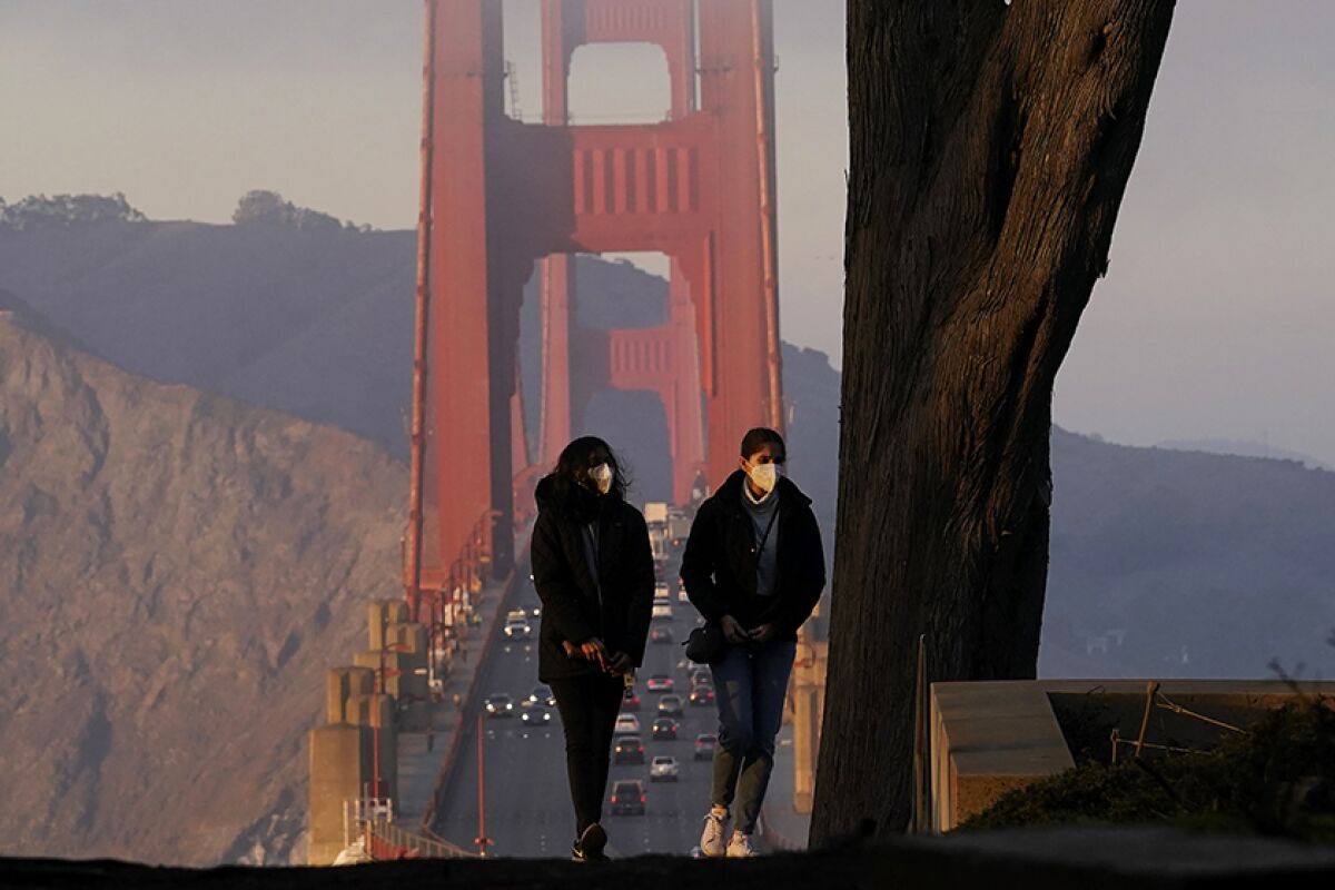 Two people walk with San Francisco's Golden Gate Bridge in the background