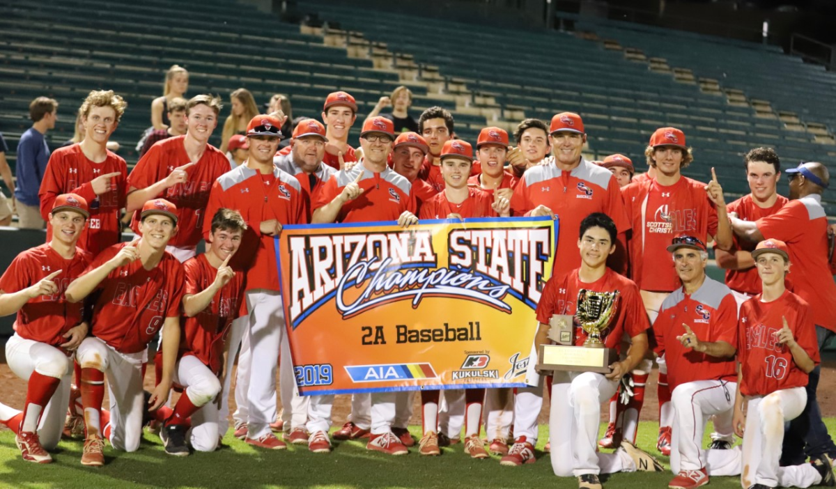 Scottsdale Christian Academy celebrates its 2019 Arizona state divisional championship.