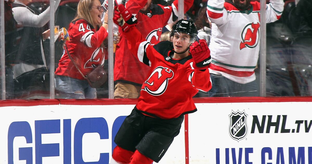 Devils rookie Jack Hughes celebrates after scoring during an exhibition against the Rangers on Sept. 20.