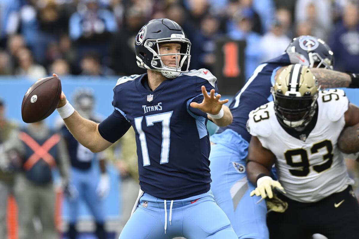 Tennessee Titans quarterback Ryan Tannehill passes against the New Orleans Saints on Sunday.