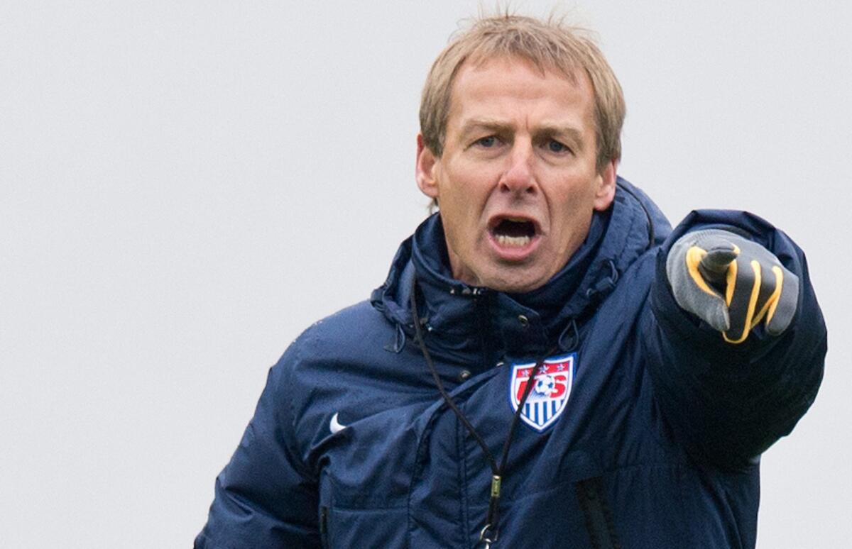 U.S. national team Coach Juergen Klinsmann leads a training session in Germany on March 3. Klinsmann is looking forward to the tough challenge he team is expected to face in the World Cup.