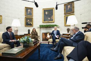 President Joe Biden speaks during a meeting with Congressional leaders in the Oval Office of the White House, Tuesday, Feb. 27, 2024, in Washington. From left, Speaker of the House Mike Johnson of La., Vice President Kamala Harris, Biden, and Senate Majority Leader Sen. Chuck Schumer of N.Y. (AP Photo/Evan Vucci)