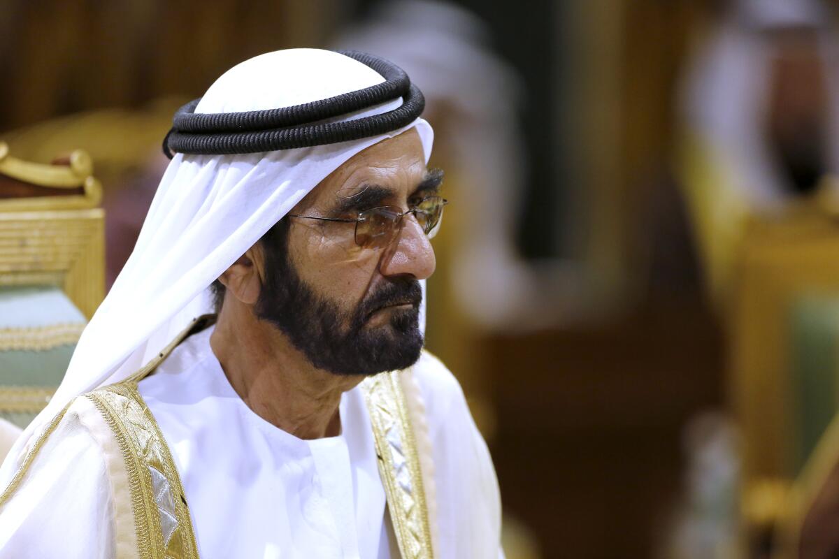 FILE - In this file photo dated Tuesday, Dec. 10, 2019, Prime Minister of the United Arab Emirates Sheikh Sheikh Mohammed bin Rashid Al Maktoum attends the 40th Gulf Cooperation Council Summit in Riyadh, Saudi Arabia. Britain’s High Court found Wednesday, Oct. 6, 2021 that the ruler of Dubai, Sheikh Mohammed bin Rashid Al Maktoum, hacked of the phones of his ex-wife Princess Haya and her attorneys during their legal battle over their two children. (AP Photo/Amr Nabil, File)