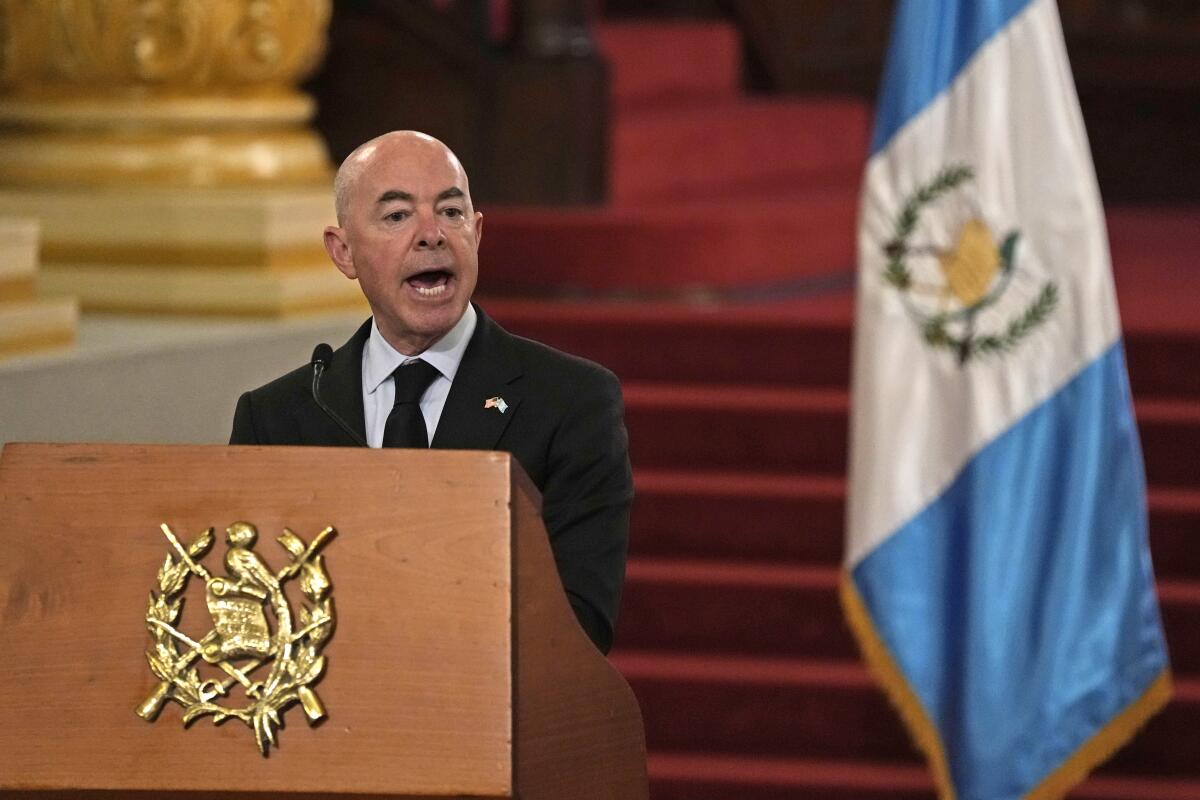 U.S. Secretary of Homeland Security Alejandro Mayorkas speaks during a press conference with Guatemala's Foreign Minister Pedro Brolo in Guatemala City, Tuesday, July 6, 2021. Mayorkas is in Guatemala for a two-day visit. (AP Photo/Moises Castillo)