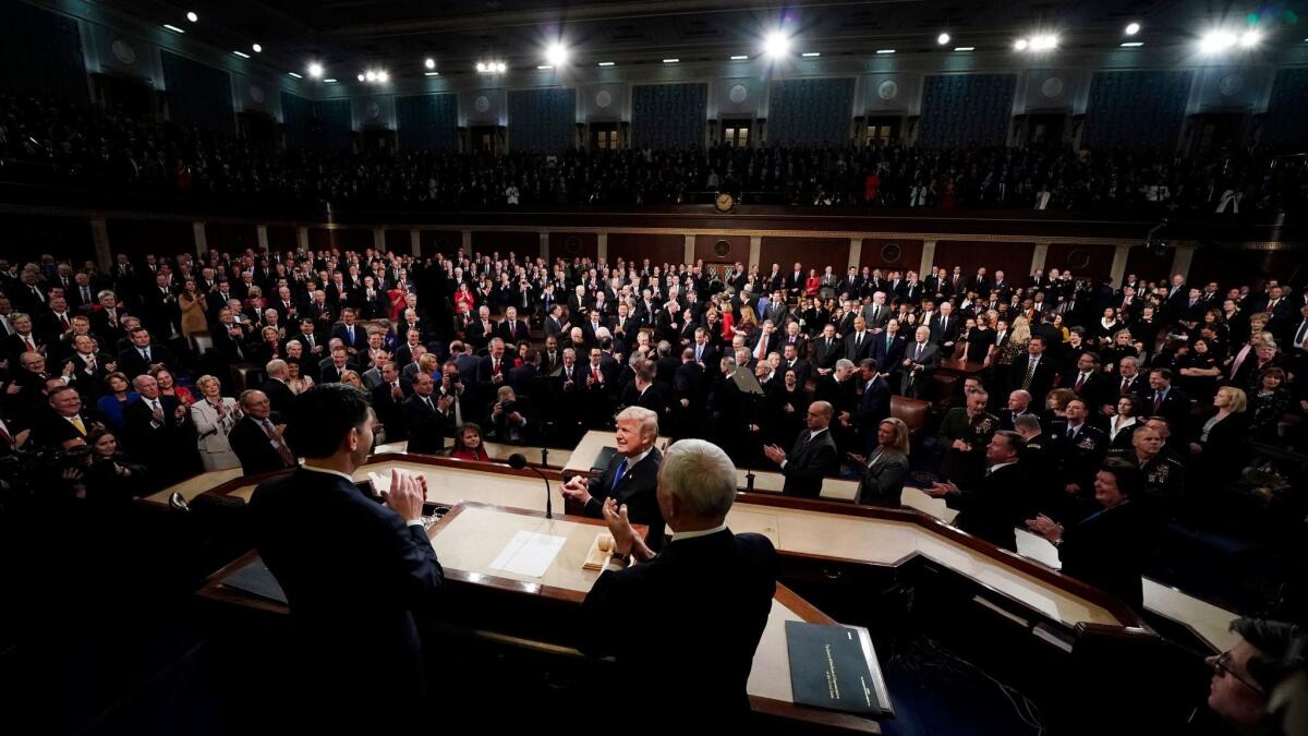 President Donald Trump arrives to deliver his State of the Union address to a joint session of U.S. Congress on Capitol Hill on Jan. 30.