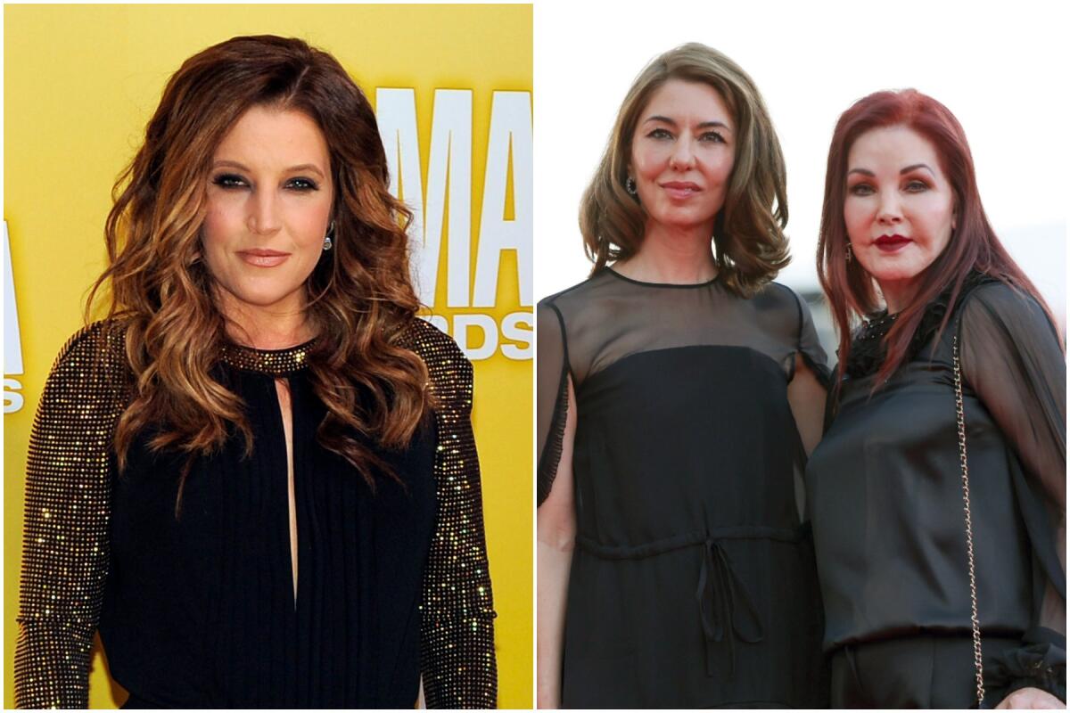 Two images: Lisa Marie Presley in a sparkly black dress; Sofia Coppola and Priscilla Presley in sheer black dresses.