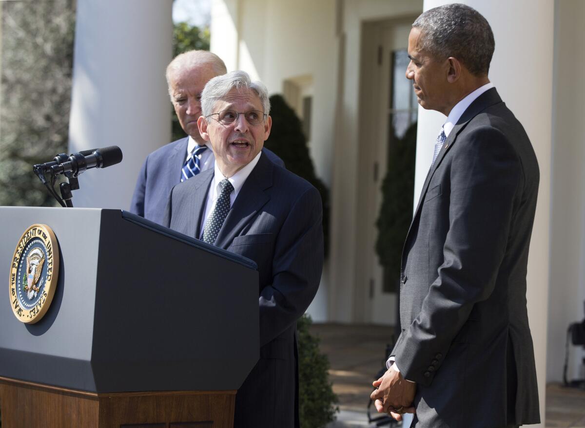 Federal appeals court judge Merrick Garland speaks alongside President Obama and Vice President Joe Biden after he was introduced as Obama’s nominee for the Supreme Court last week at the White House.